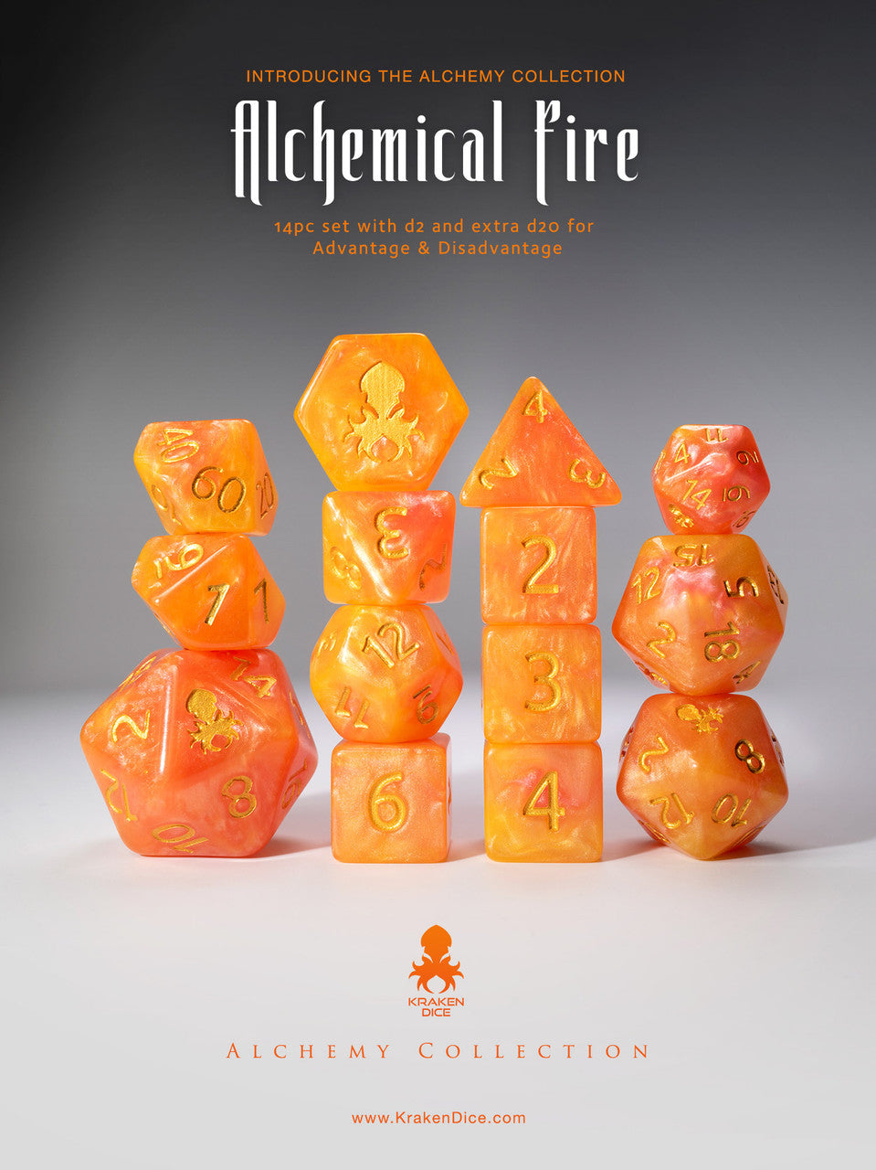 Alchemical Fire 14pc Orange and Red Gold Ink Dice Set